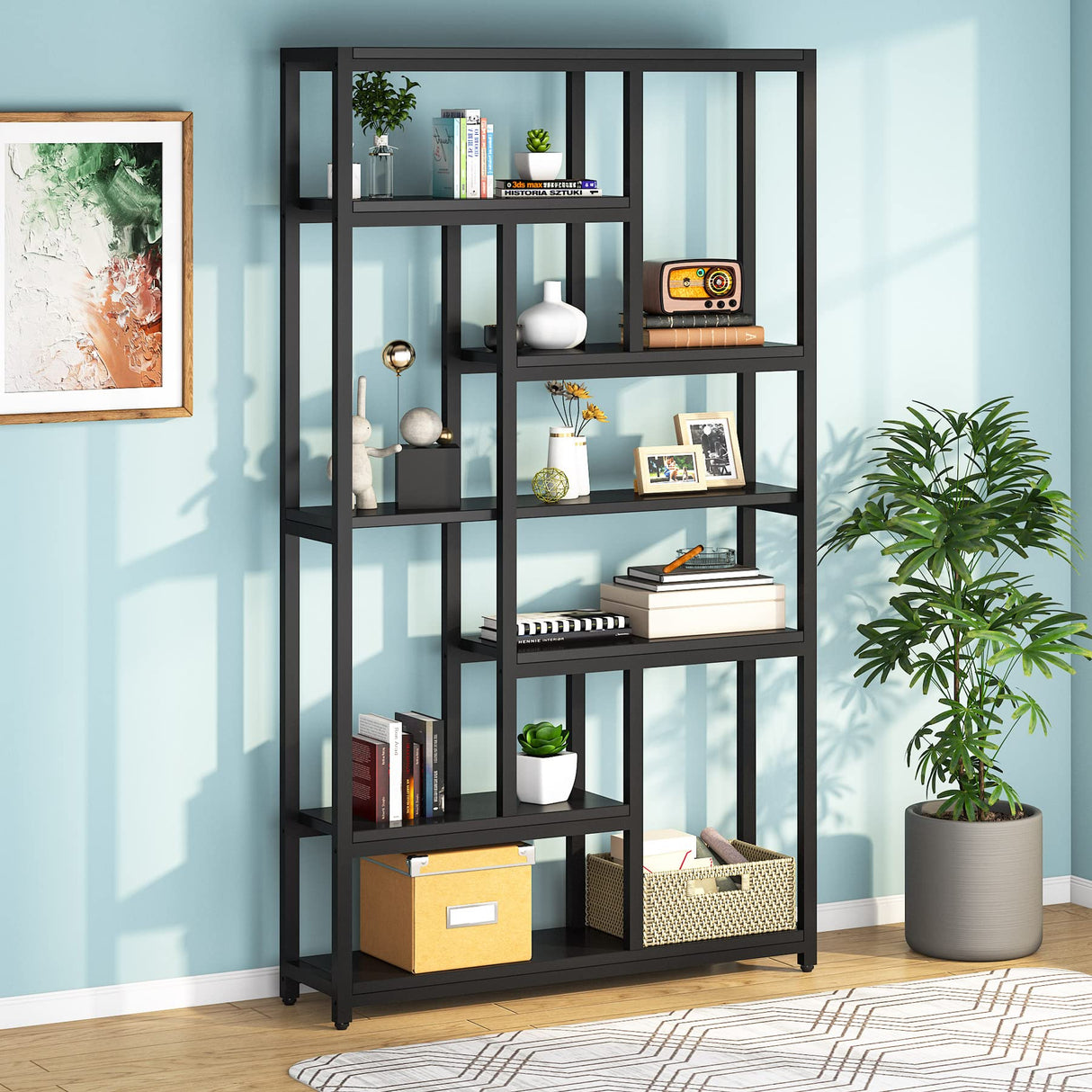 Tribesigns 79 Inch Bookshelf, 7-Tier Tall Bookcase with 10-Open Shelf, Wood and Metal Book Shelf Storage Shelves for Bedroom, Living Room and Home Office, Black