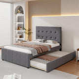 Upholstered Platform Bed, Linen Bed with Headboard and Trundle, Full, Grey