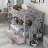 Bunk Beds Twin Over Twin Size, Solid Wood Bunk Beds with Trundle and Stairs for Kids