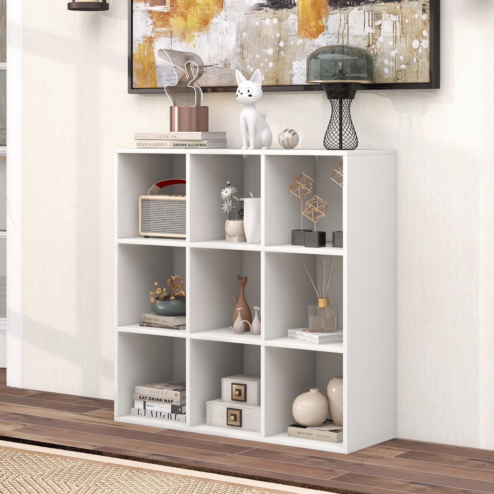 9-Cube Bookshelf, Wooden Open Bookcase, Dual Anti-Tipping Kits, Freestanding Modern Cube Storage Display Shelf for Living Room Kid's Room (White, 9-Cube)