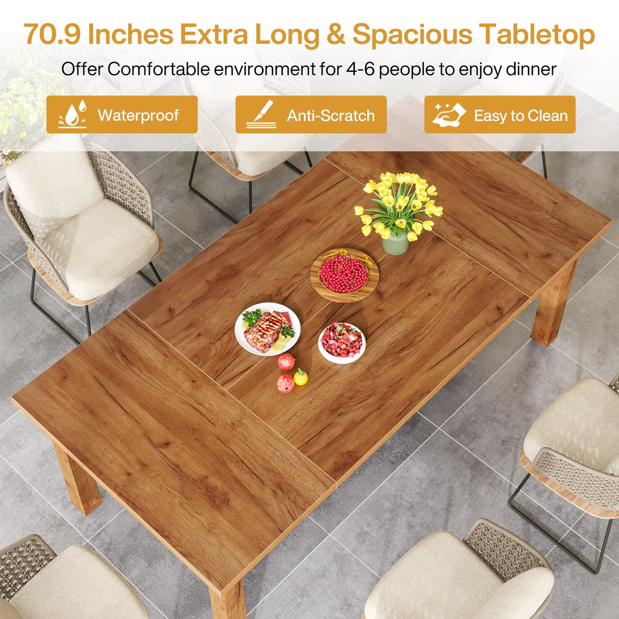 70.87" Wood Dining Table for 6-8 People, Modern Large Rectangle Kitchen Table,