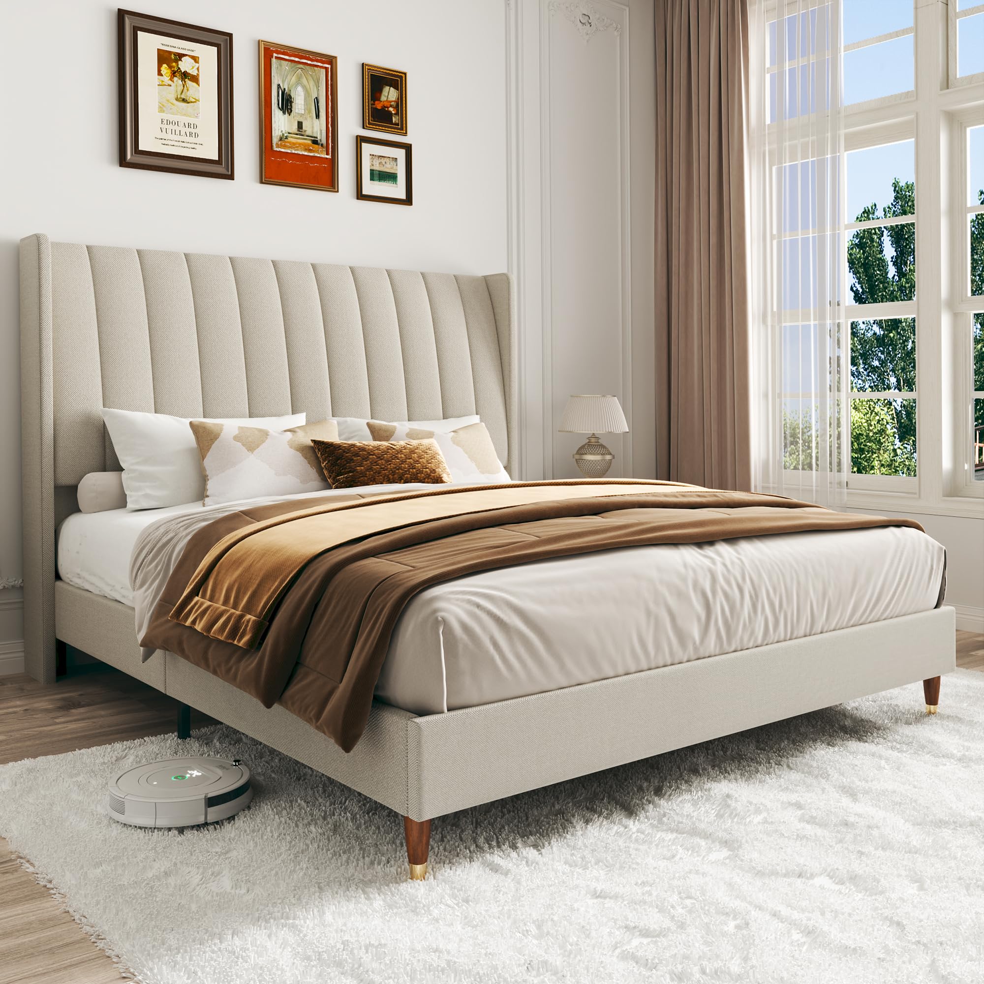 Queen Upholstered Bed Frame with Vertical Channel Wingback Headboard