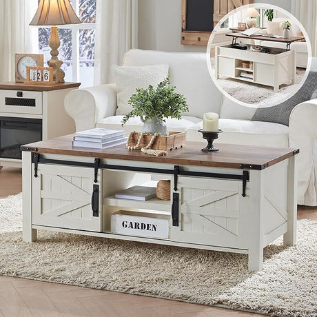 48" Farmhouse Lift Top Coffee Table with Sliding Barn Door,Rustic Center Table