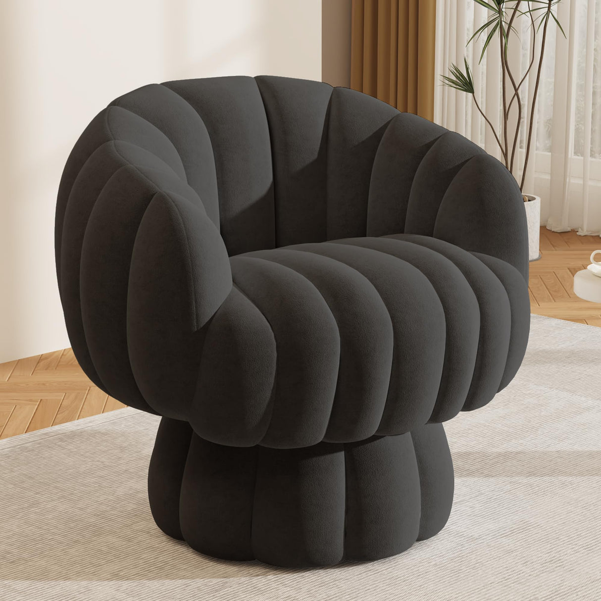 Mid Century Modern 360 Degree Barrel Swivel Accent Sofa Chair,Fluffy Velvet Fabric Lounge Wide Upholstered Pumpkin Reading Chair, Round Cloud Armchair for Living Room,Bedroom,Vanity(Black)