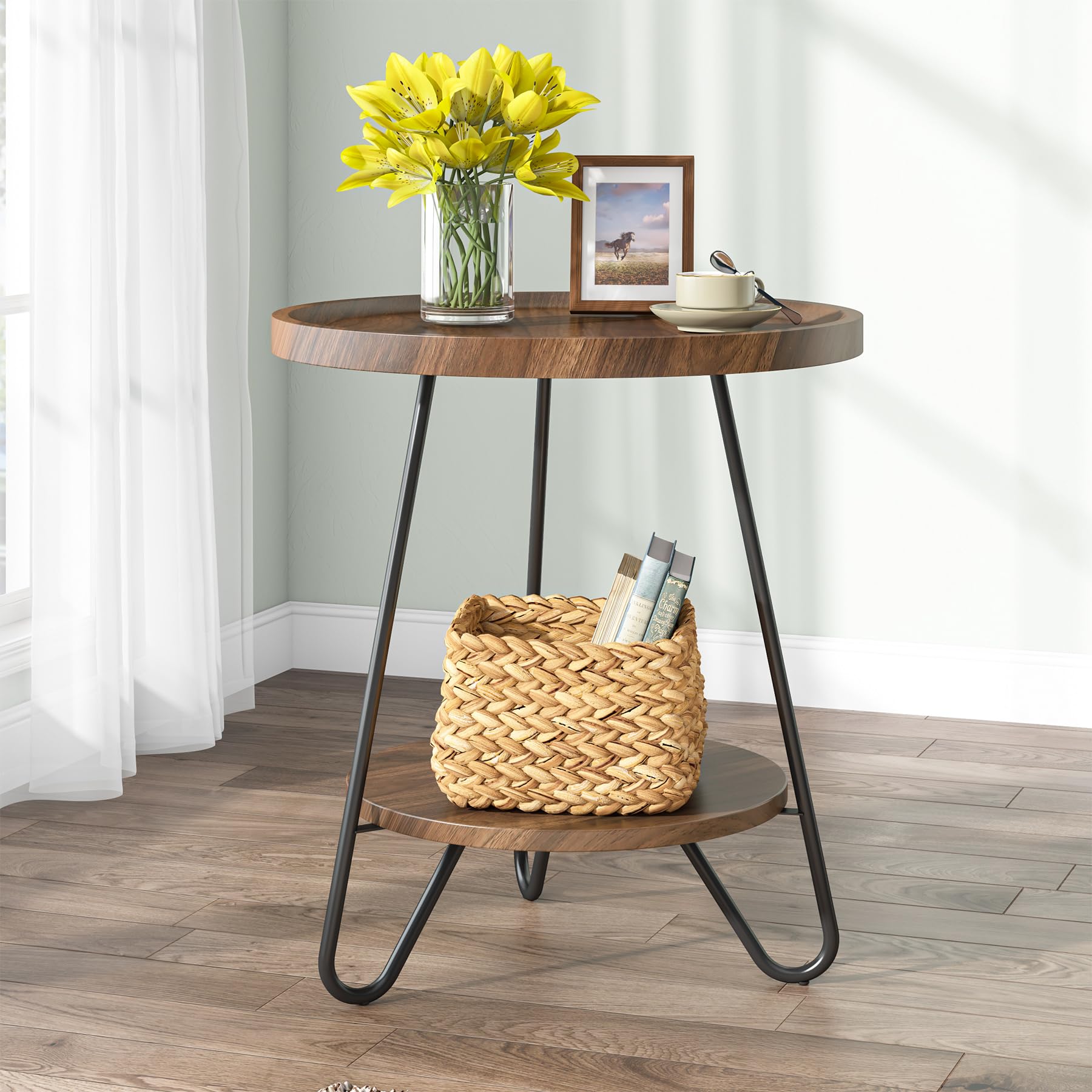Round Side Table, 2-Tier End Table with Metal Legs, Modern Industrial Beside Table