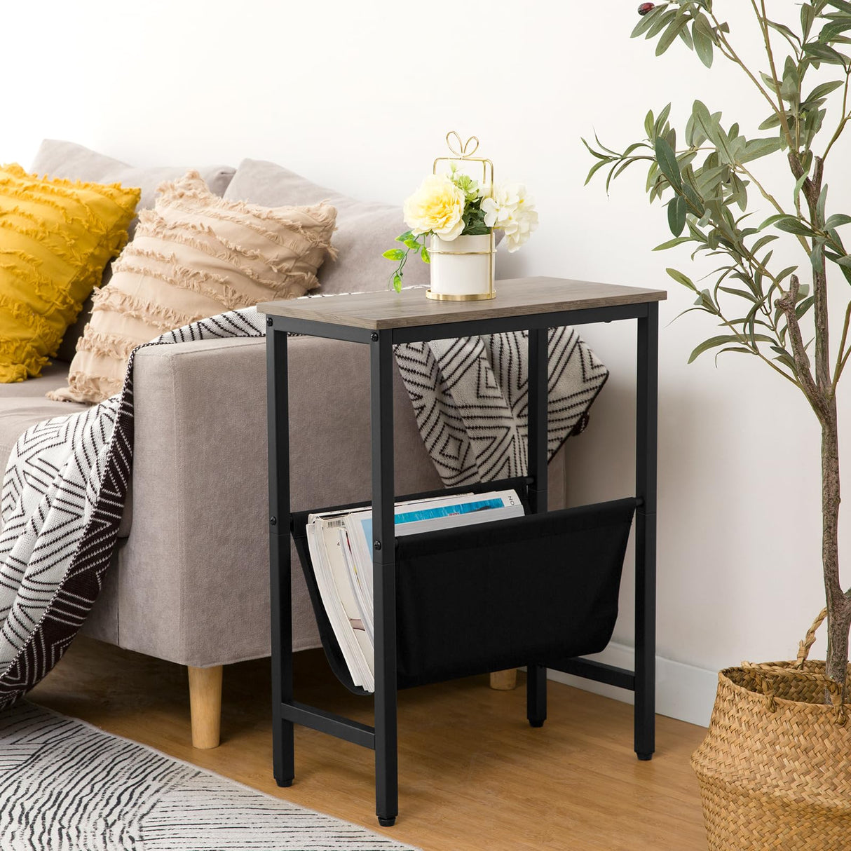 Narrow End Table, Side Table for Small Spaces, Slim Nightstand with Magazine Holder