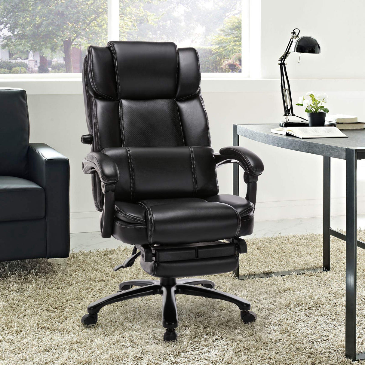 Reclining Office Chair with Footrest, Big Tall Bonded Leather Adjustable Tilt Angle Height