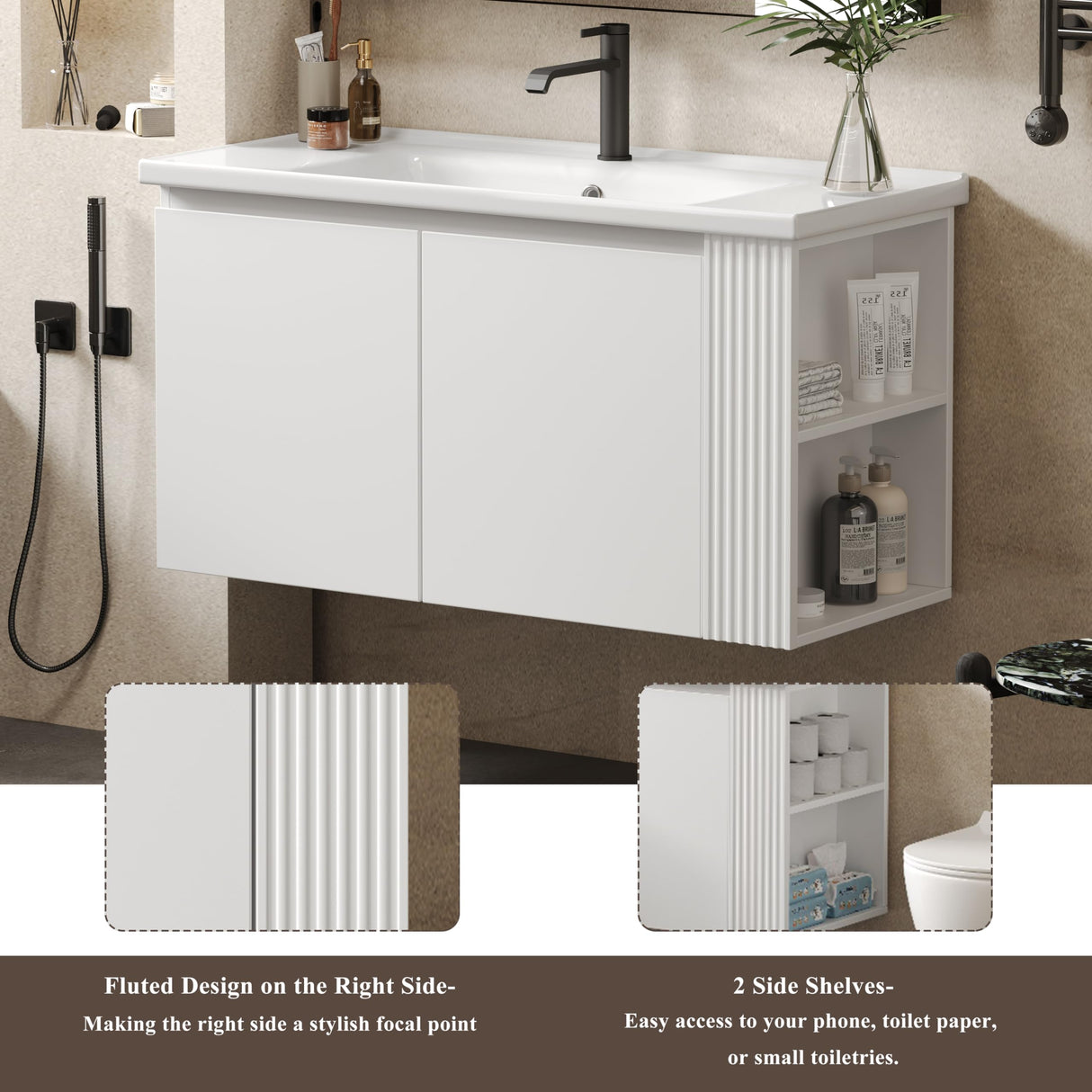 LUMISOL 36" Bathroom Vanity with Ceramic Sink, Wall Mounted Bathroom Vanity with 2 Doors & Side Open Shelves, Modern Floating Bathroom Storage Cabinet with Undermount Sink, White