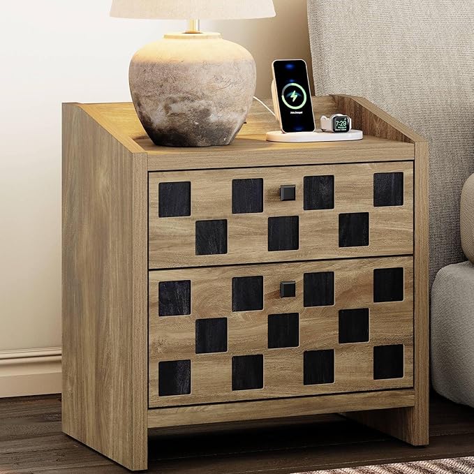 Wide Night Stand with Charging Station and USB-C Port, 24" Large Wood Nightstand