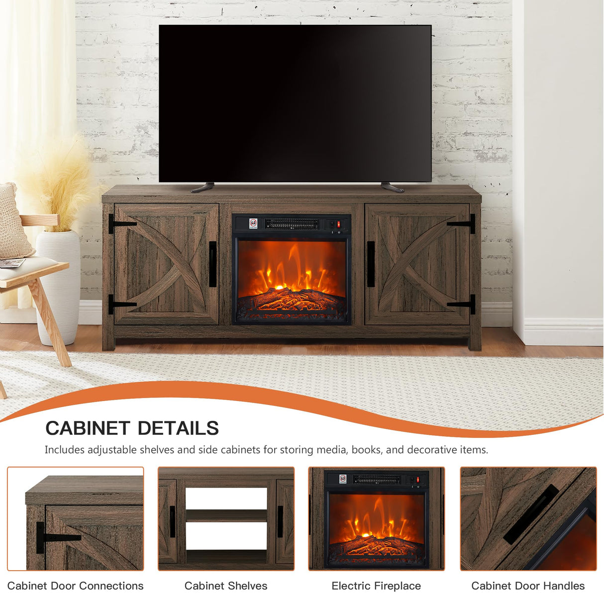 TV Stand for Television up to 65 Inch with 18" Electric Fireplace, Adjustable Fireplace Tv