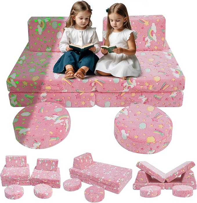 8-Piece Modular Kids Play Couch Sofa – Pink Convertible Toddler Couch for Playroom