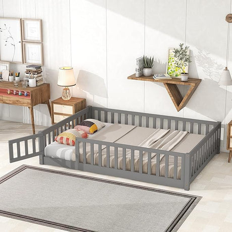 Platform Bed with Fence, Wooden Playpen Bed for Kids, Kids Fence Bed with Door, No Box Spring Needed (Grey)