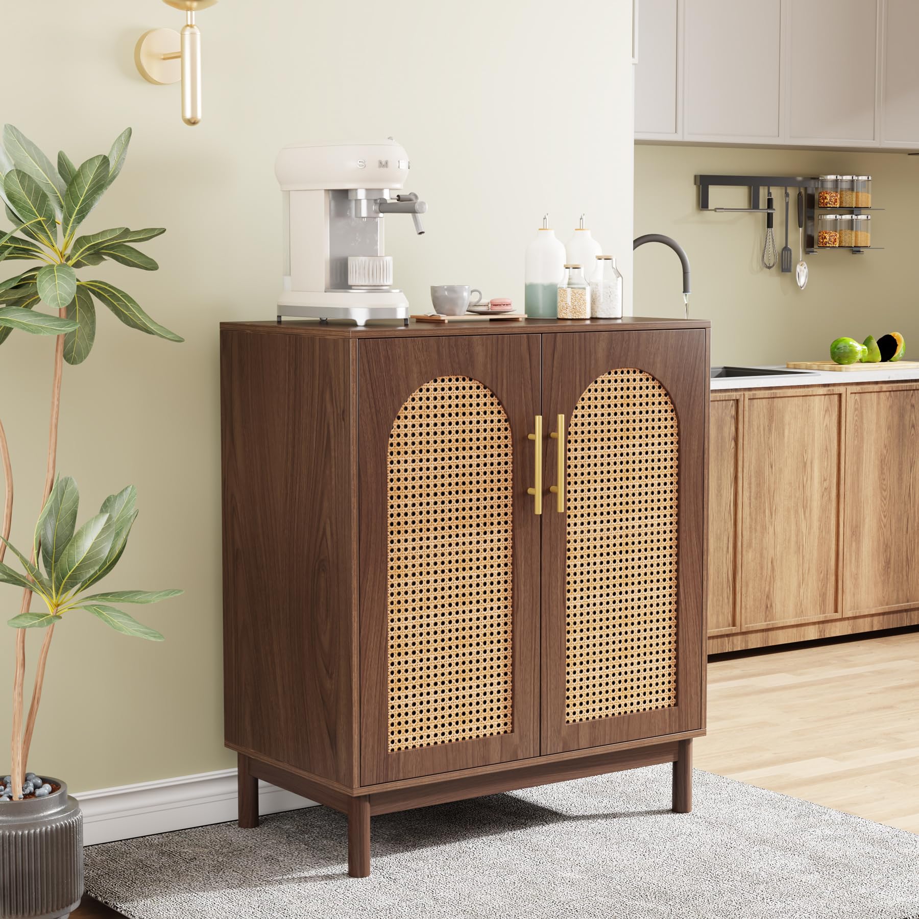 2 Rattan Sideboard Buffet Cabinet with Storage, 59 Inch Accent Cabinet with Doors, Storage Cabinet for Dining Room,