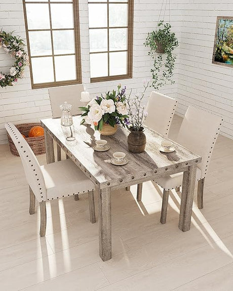 7 Piece Rustic Wooden Dining Set, Mid-Century Modern Table & Chair Set