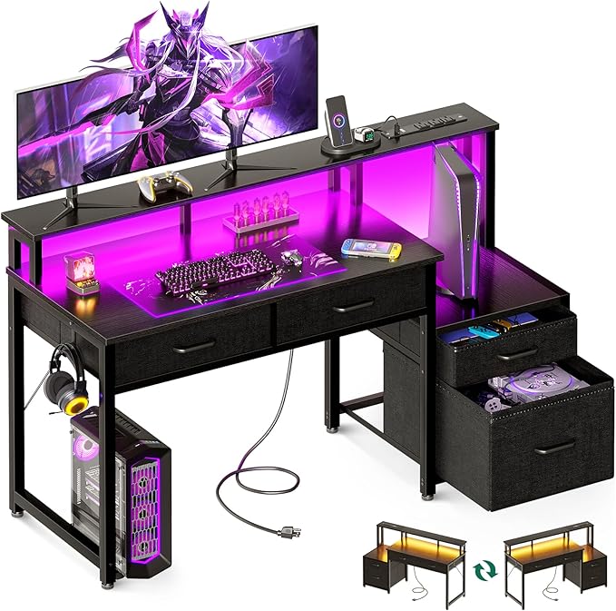 48-Inch Computer Desk with Fabric File Cabinet and Fabric Drawers, Reversible Office Desk