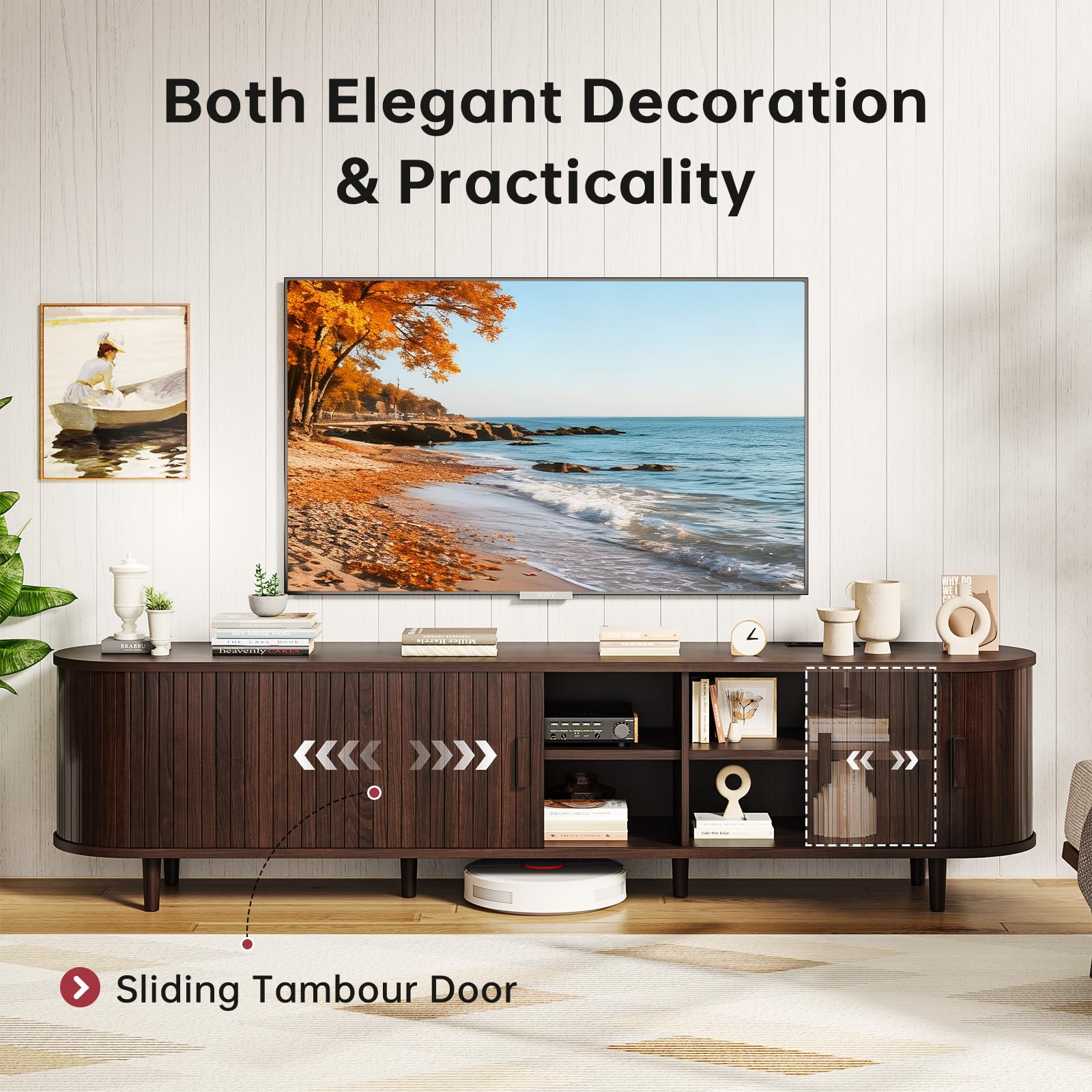 70" Mid-Century Modern TV Stand with Sliding Doors