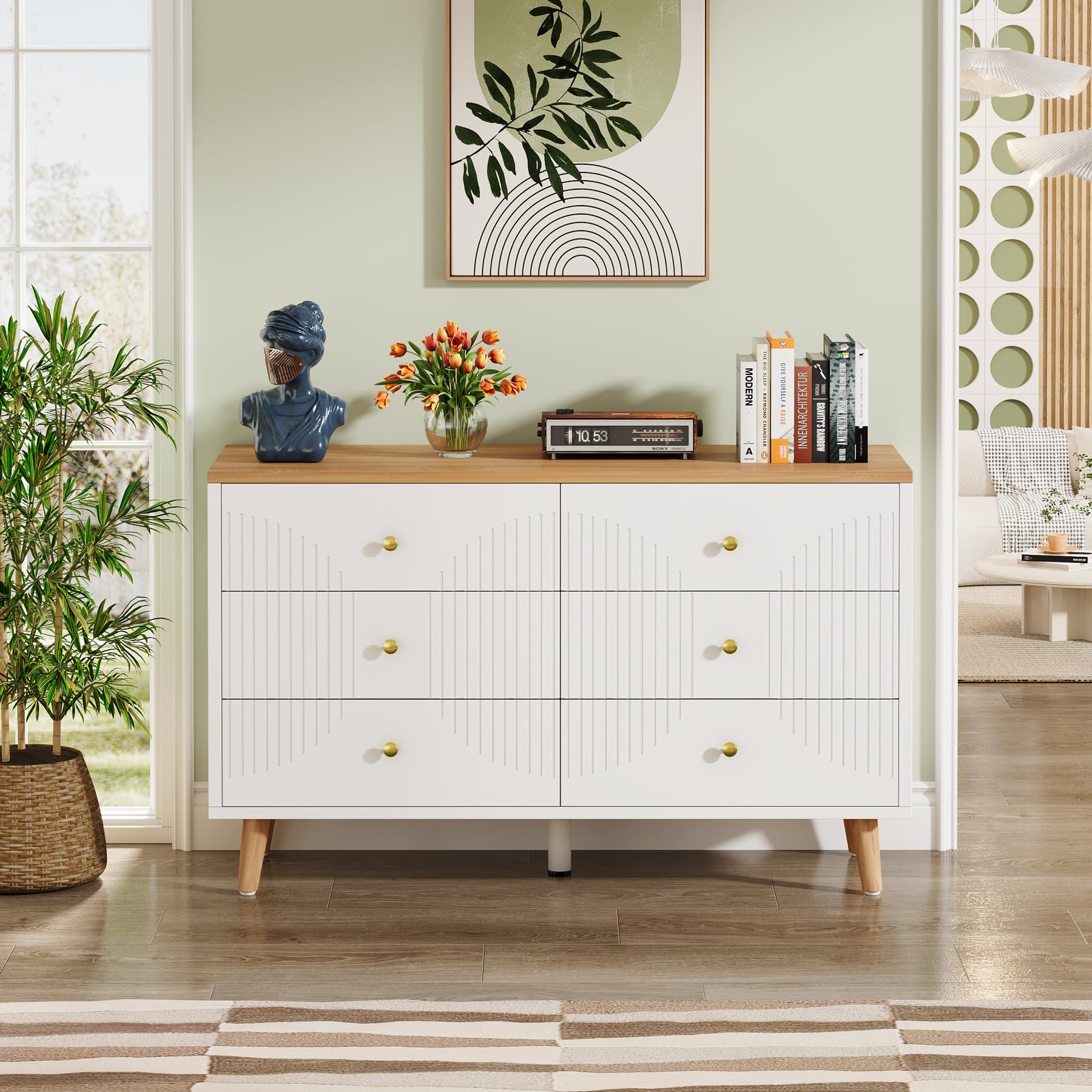 6 Drawer Dresser, 47 inch Modern White Dresser for Bedroom
