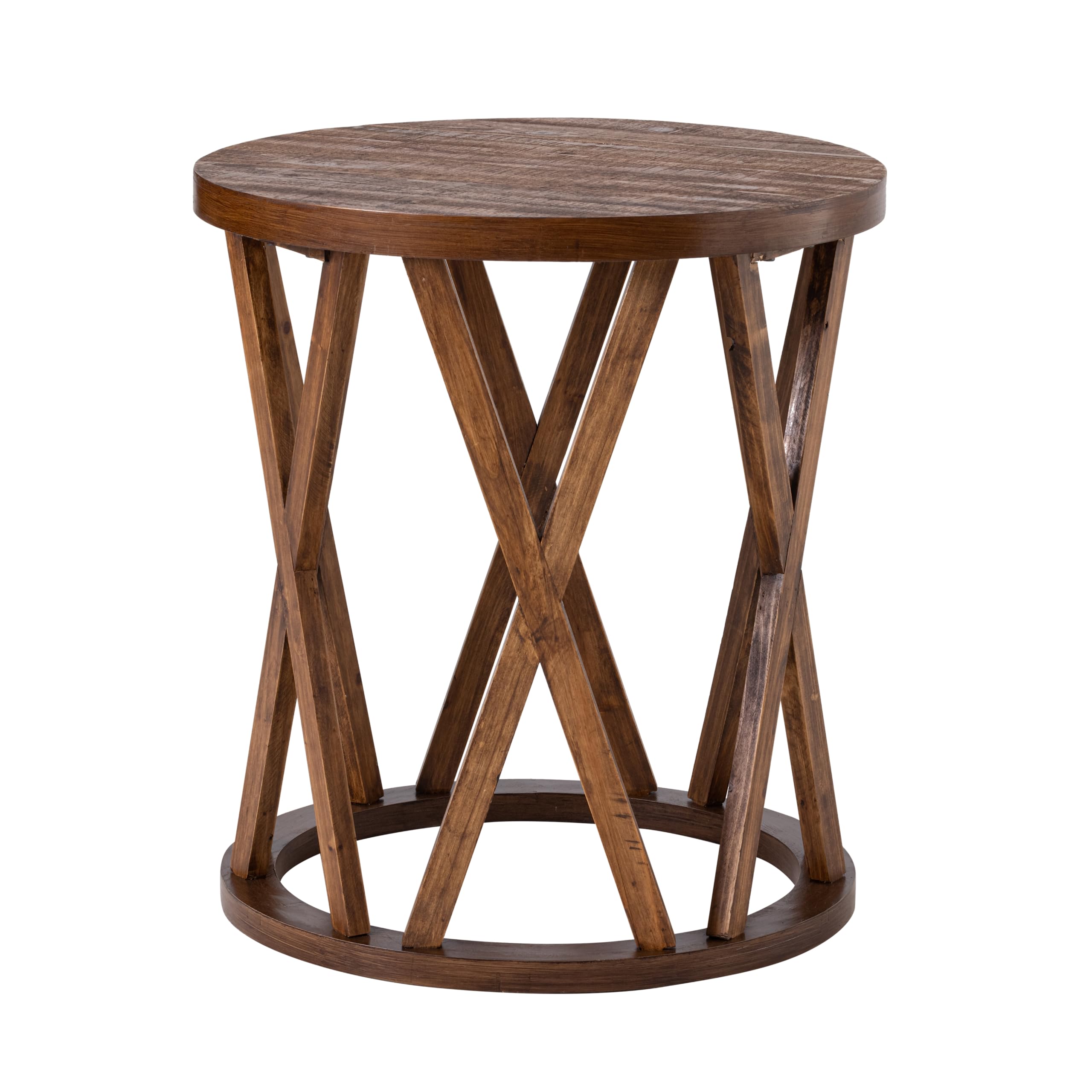 Farmhouse End Table, Rustic Round Side Table with X-Motifs Legs, Wood Textured Top