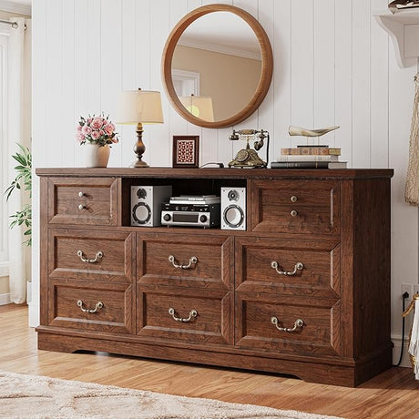 8 Drawers Dresser with Power Outlets and LED Lights, 55 Inch Wide Rustic Wood Dressers & Chest of