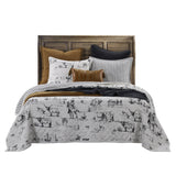 Accents Ranch Life Western Bedding, 3 Piece King Size Quilt Set, White Black Cow Cowboy Longhorn Horse Rodeo Print Western Bed Set, Cotton Rustic Southwest Quilt with Pillow Shams