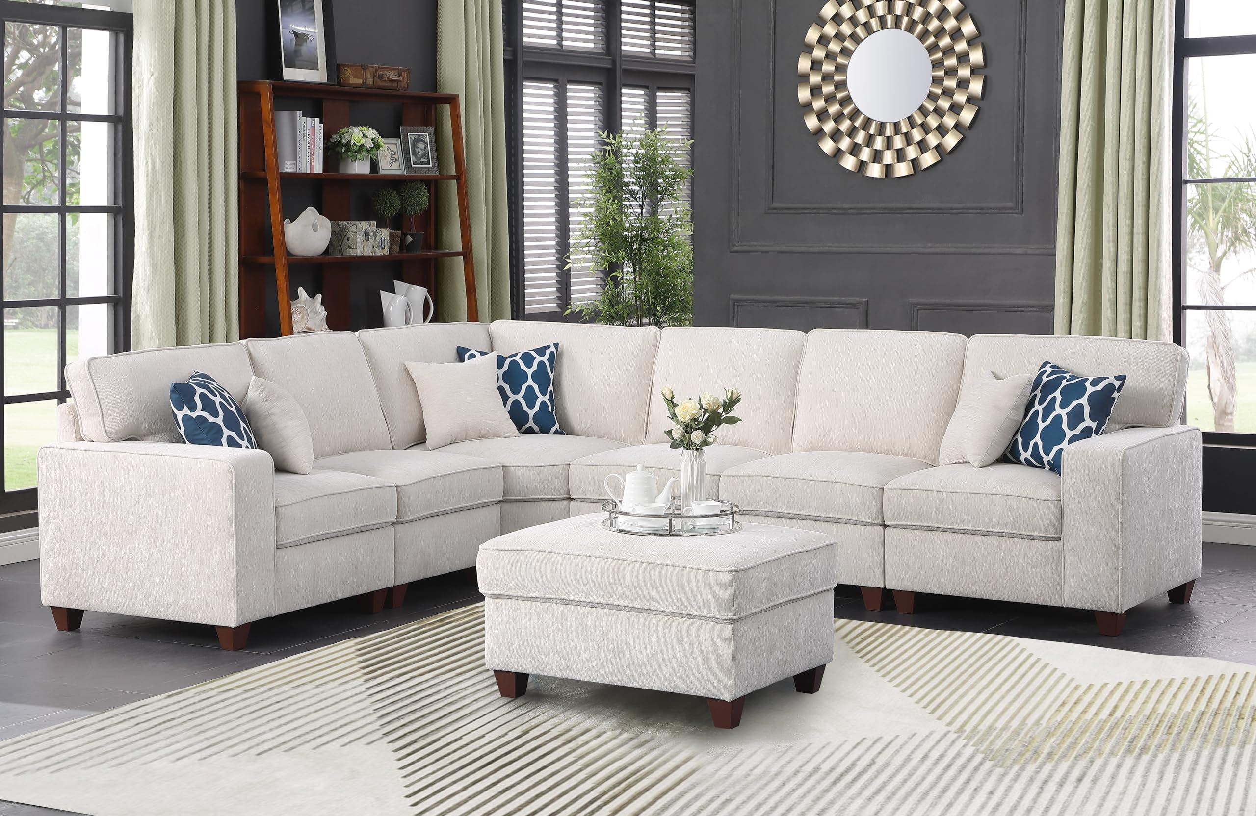 Convertible Sectional Couch with Movable Ottoman and 6 Throw Pillows