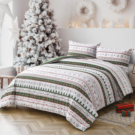 Christmas Comforter Set Queen Size, Green White Snowflake Christmas Tree Printed