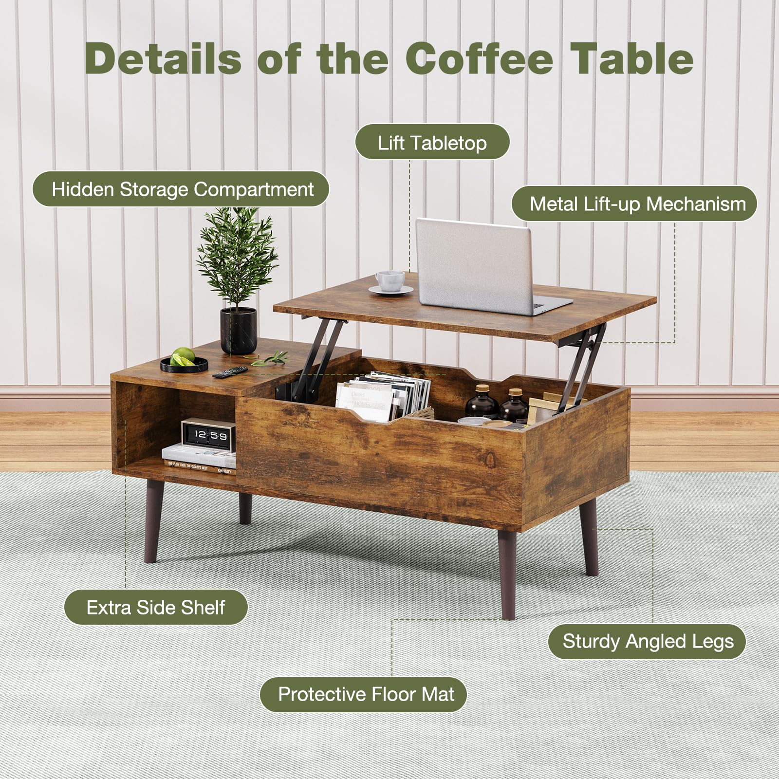 OLIXIS Wood Lift Top Coffee Table with Hidden Compartment and Large Storage Shelf, Lift Tabletop Dining Center Table for Home Living Room Office, Natural Wood