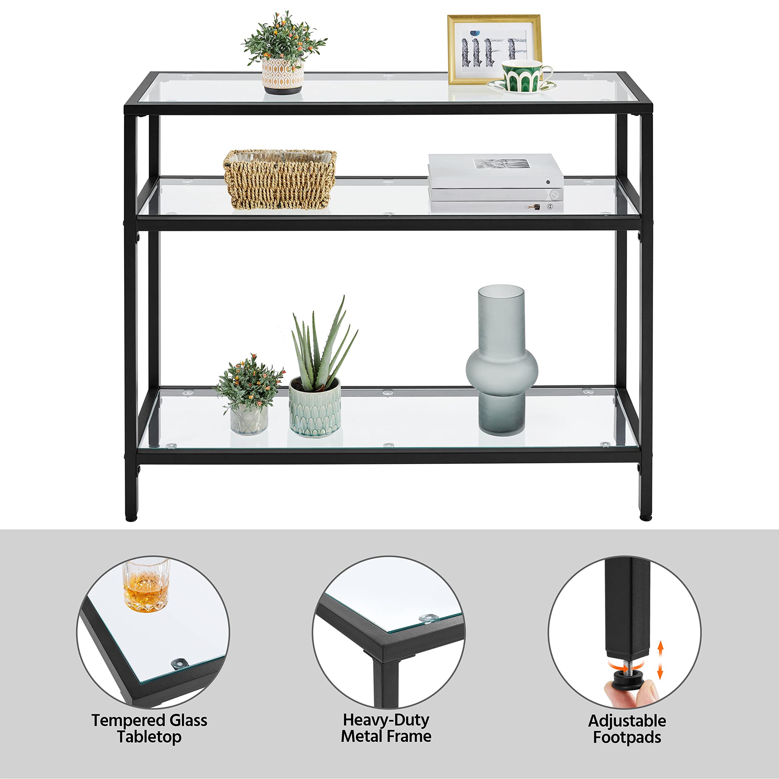 39.5" Console Table with 3 Storage Shelves,Tempered Glass Sofa Table