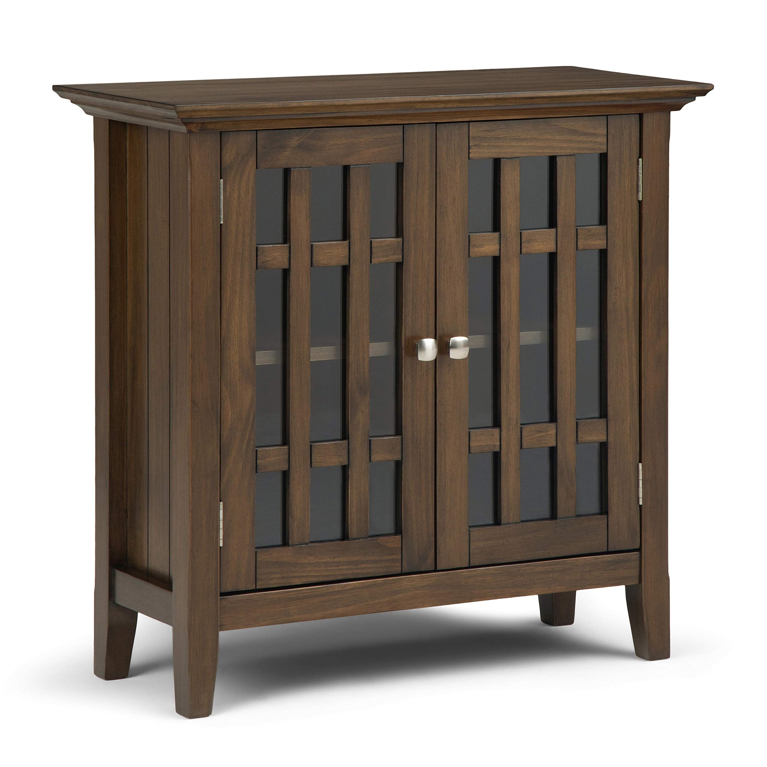 SIMPLIHOME Bedford SOLID WOOD 32 inch Wide Transitional Low Storage Media Cabinet in Rustic Natural Aged Brown, with 2 Tempered Glass Doors, 2 Adjustable Shelves