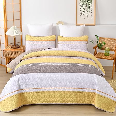 Striped King Size Quilt Set,Lightweight Grey Bedspreads Boho King Quilt