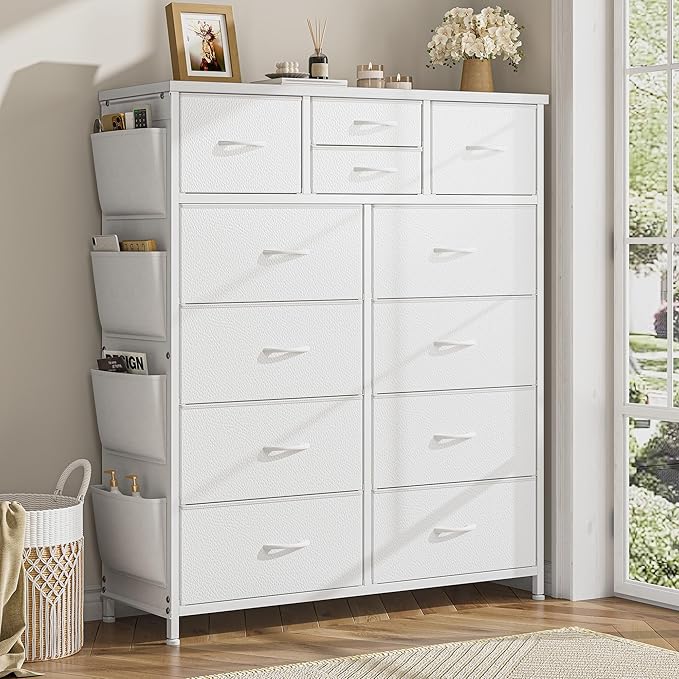 White Dresser with 12 Drawers, Tall Dresser for Bedroom, Chests of Drawers with Side Pockets