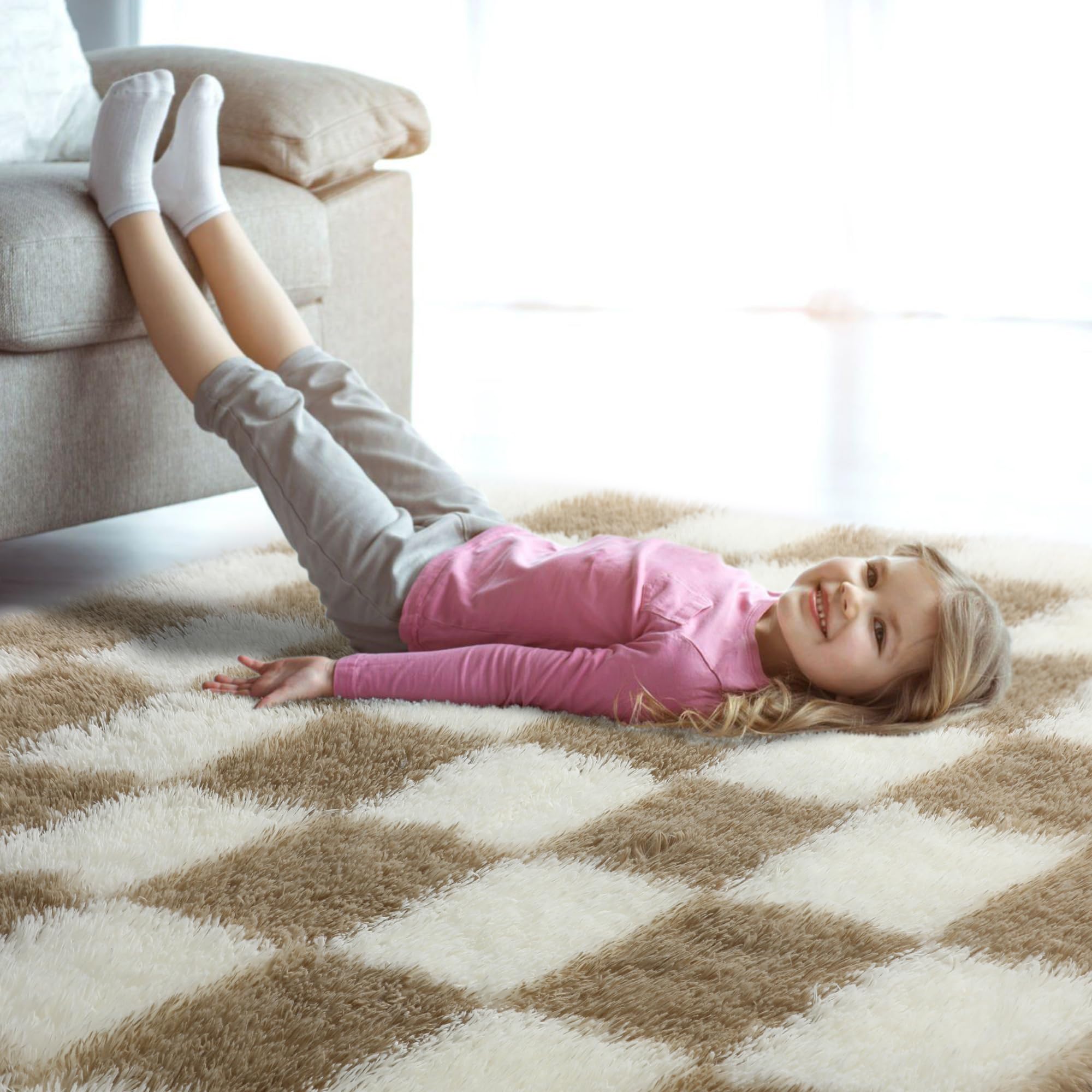 KICMOR 5x8 Beige and Cream White Rugs Living Room Carpets, Large Fluffy Shag Fuzzy Checkered Area Rug for Bedroom Aesthetic, Soft Plush Shaggy Rug for Nursery, Playroom, Teen Dorm Room Home Decor