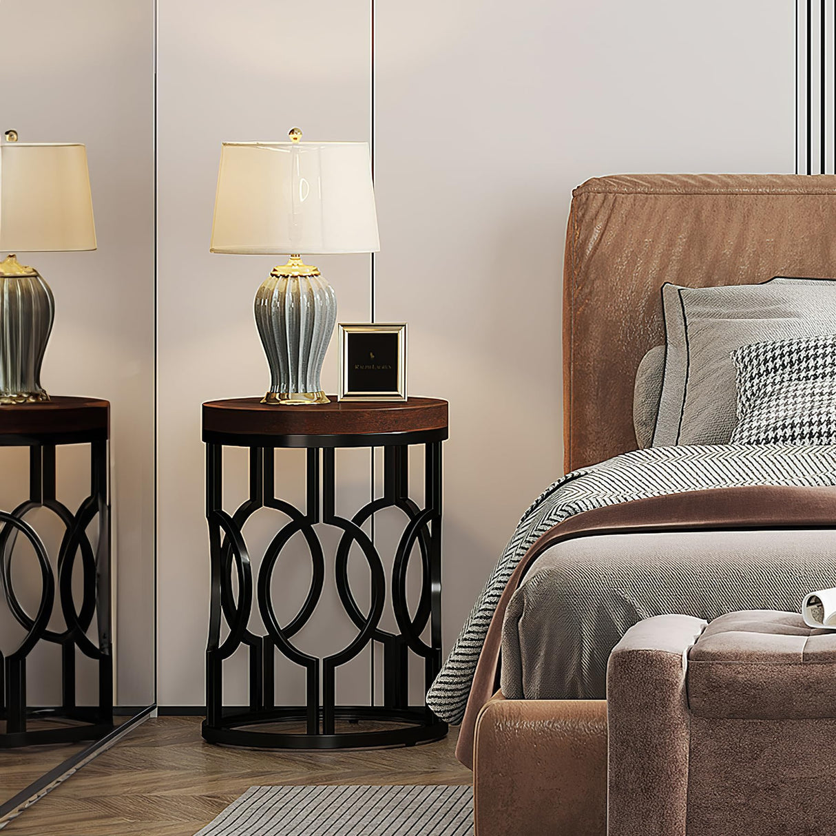 Round End Table, Industrial SideTable with Metal Hollow Frame