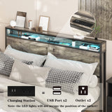 LED Full Size Bed Frame with Charging Station, Platform Metal Headboard Storage