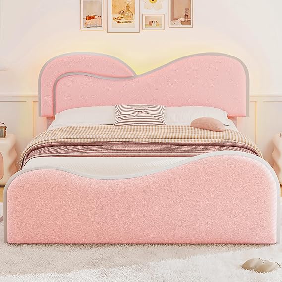 Full Platform Bed Frame with Heart Headboard & LED Lights