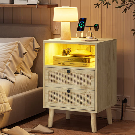 Rattan Nightstands Set of 2 with LED Lights, Night Stand with Charging Station and Storage