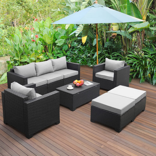 Patio Wicker Furniture Set 6 Pieces Outdoor PE Rattan Conversation Couch Sectional Chair