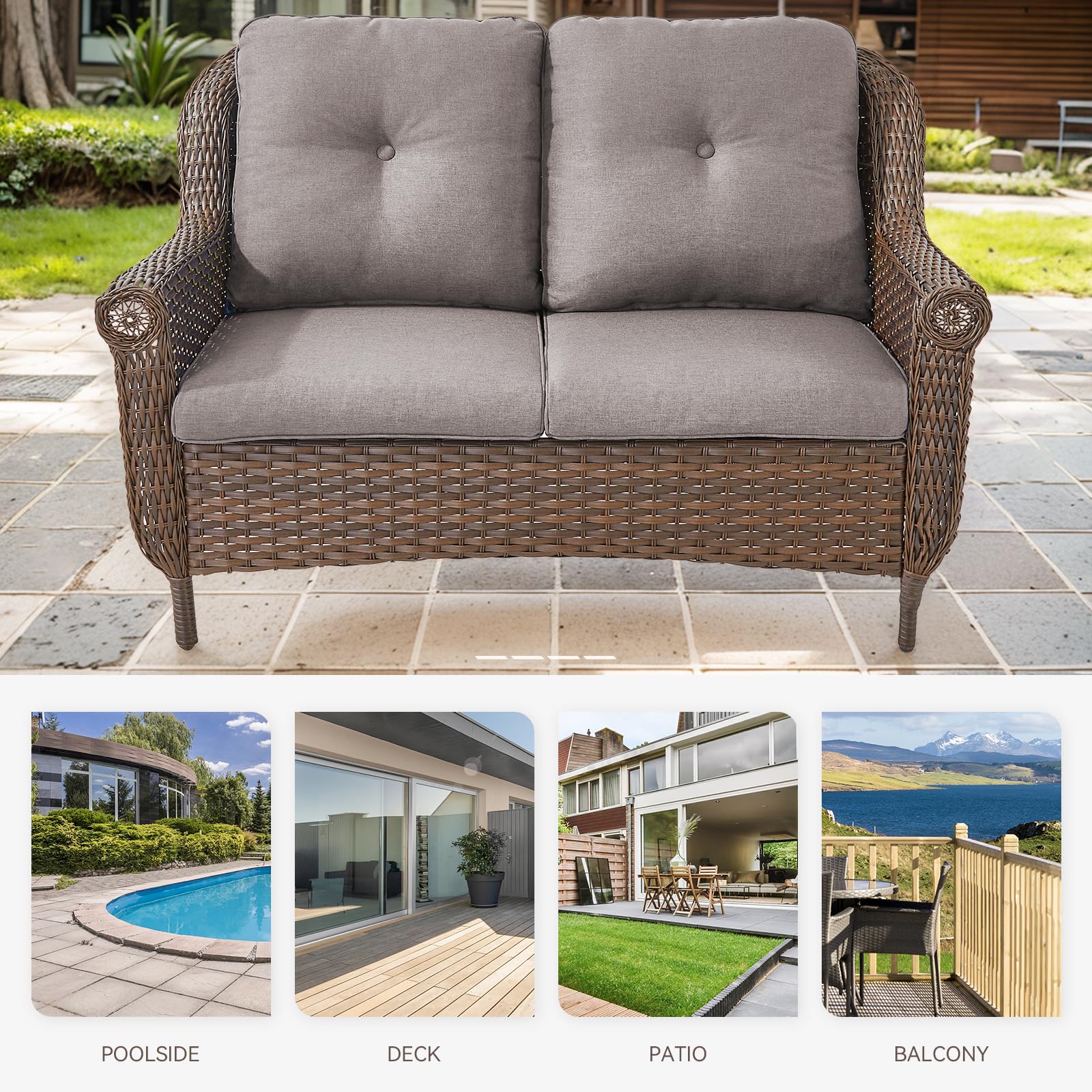 Patio Wicker Sofa Brown Rattan Loveseat Outdoor Couch