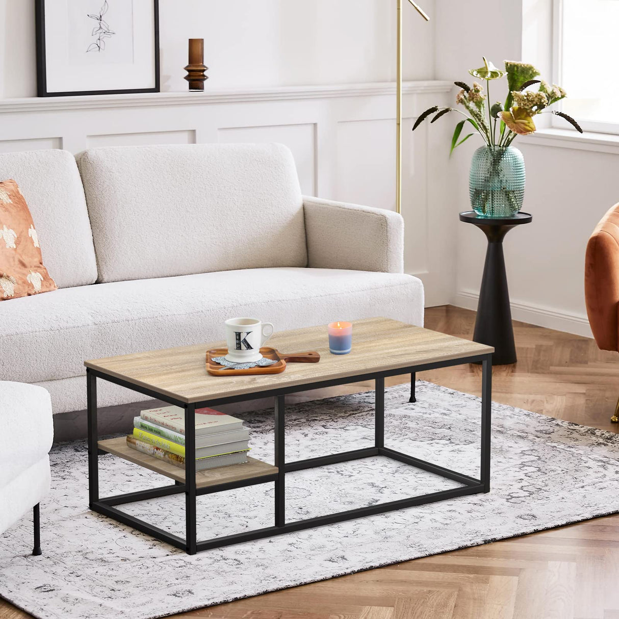 Coffee Table, Living Room Table, Coffee Table with Steel Frame and Shelves