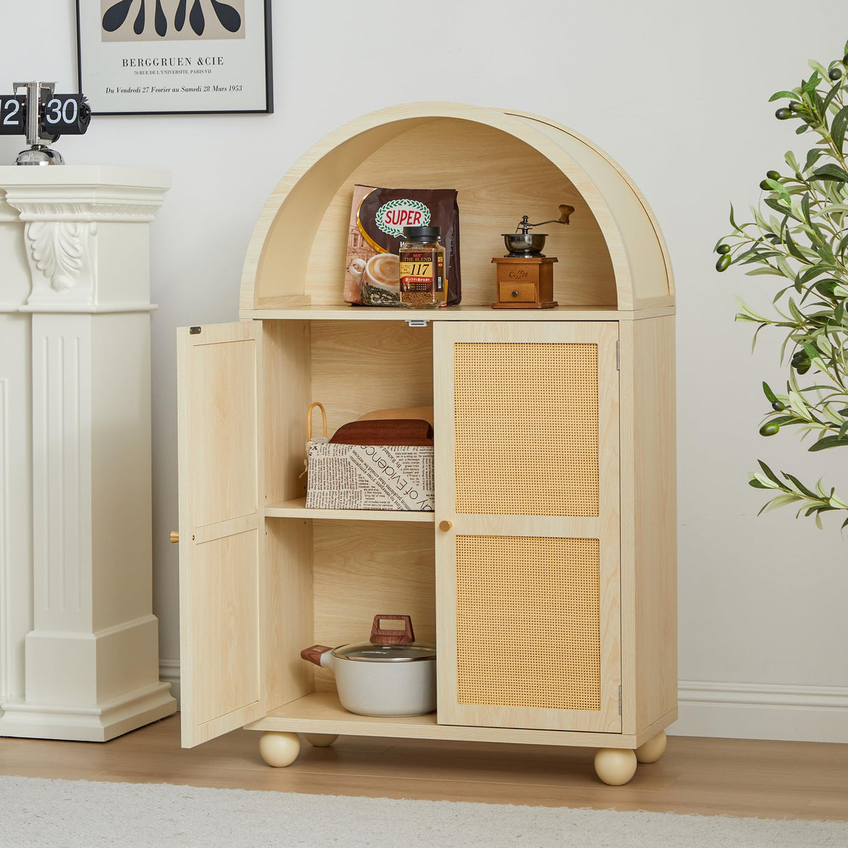 Sideboard Buffet Cabinet, Modern Arched Storage Cabinet with Rattan Decor Doors