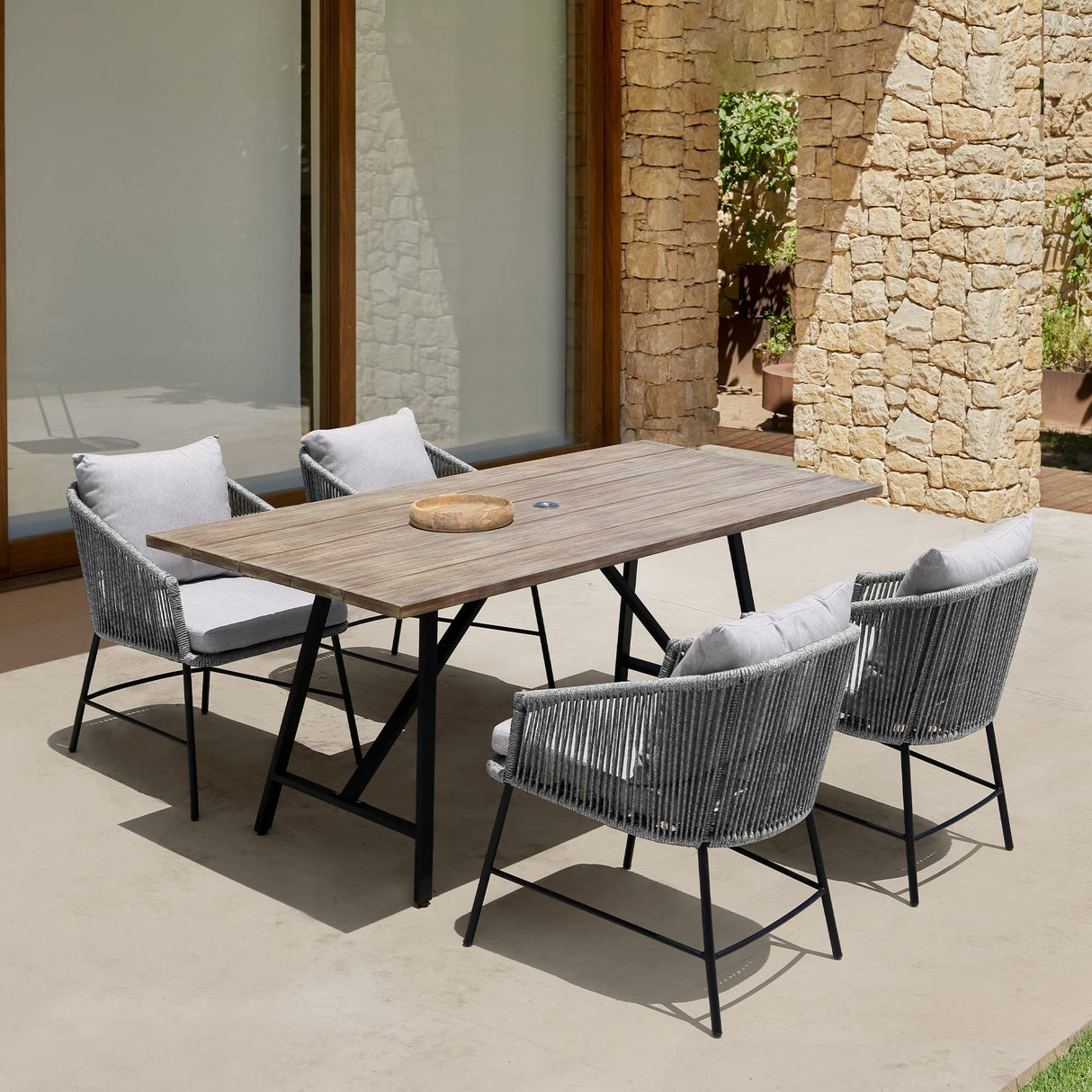 Koala Outdoor Patio Light Eucalyptus Wood and Metal Rectangle Dining Table