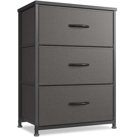 Dresser Nightstand for Bedroom, Small Kids Bedroom Fabric Tall Dresser 3 Drawer Storage Tower Organizer Unit for Hallway Entryway Closets, Steel Frame Wood Top, Dark Grey