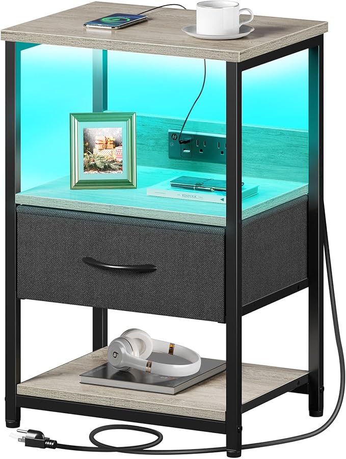 Nightstand Set of 2, LED Bedside Tables with Charging Station and Fabric Drawer, Night