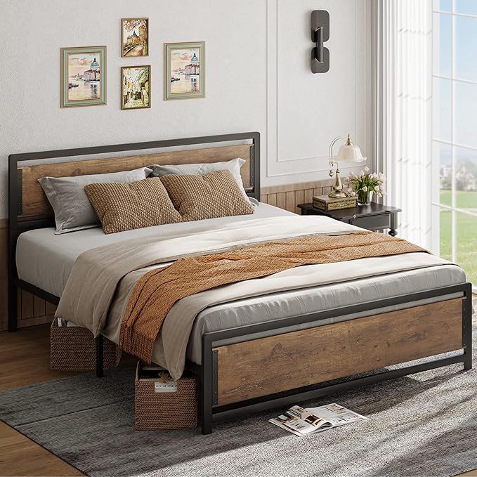 Queen Metal Platform Bed Frame with Wooden Headboard, 15 Iron Slats, Large Underbed Storage, Easy Assembly,