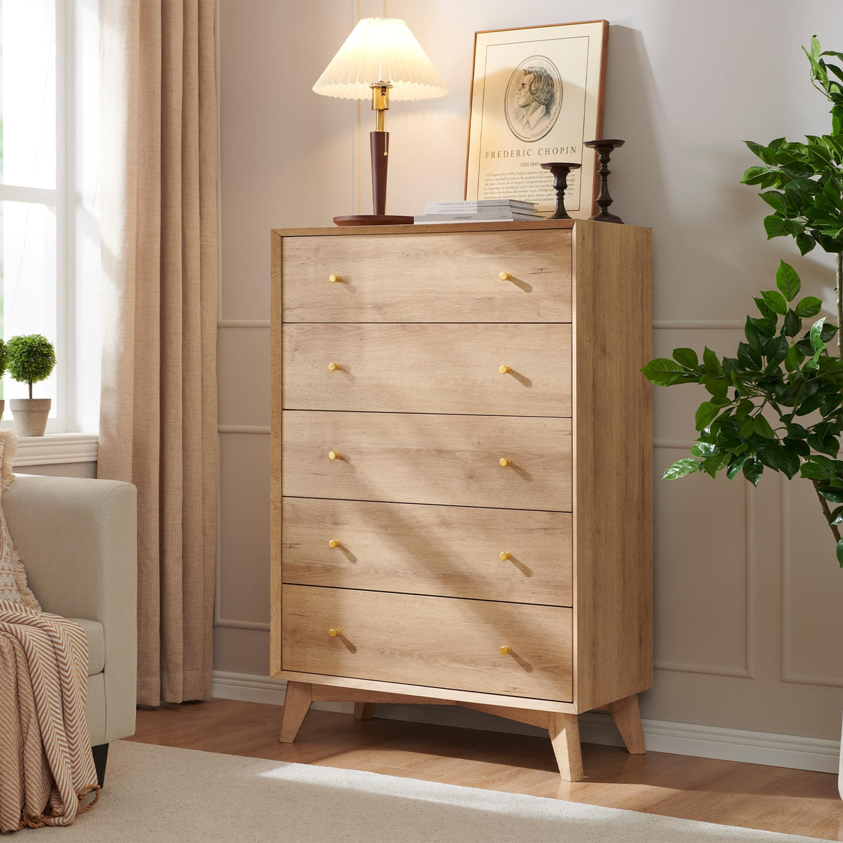 T4TREAM 5 Drawer Dresser for Bedroom, 48" Tall Mid-Century Modern Chest of Drawers, Beveled Profile Design, Wood Drawer Organizer for Bedroom, Living Room, Hallway and Entryway, Natural Oak