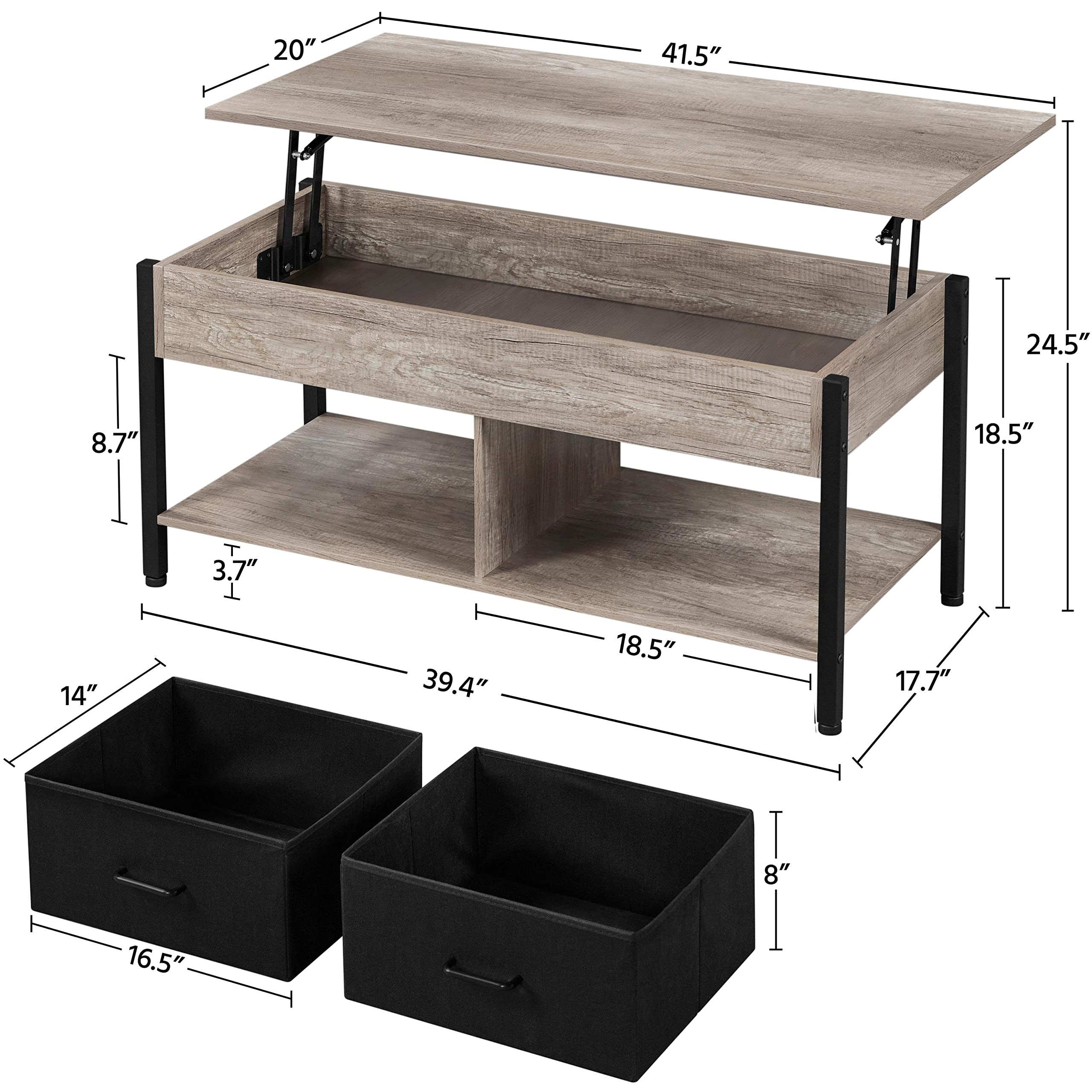 Lift-top Coffee Table with 2 Fabric Baskets & Hidden Storage Compartment