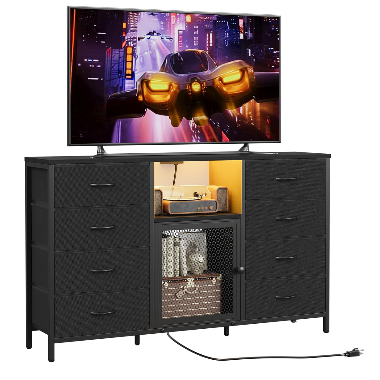 TV Stand for Bedroom with 8 Fabric Drawers, Black Chest of Drawers with Power Outlets