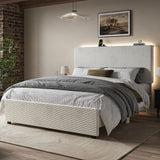 Queen Upholstered Bed Frame with Storage Headboard & LED Lights - White
