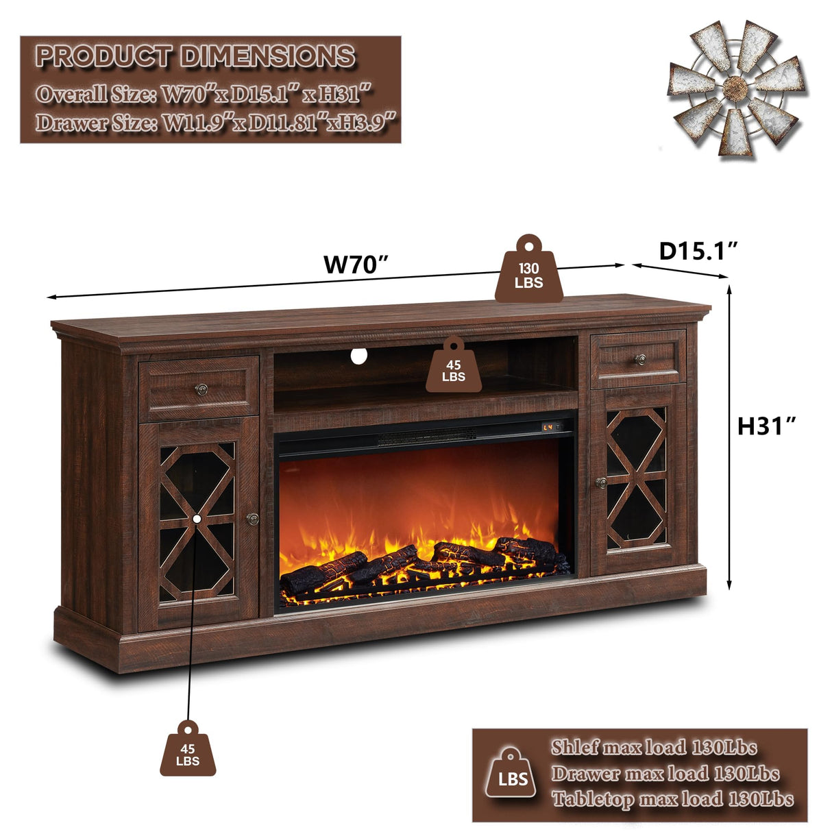 Farmhouse Fireplace TV Stand with 36" Electric Fireplace for 80 Inch TVs, 31" Tall