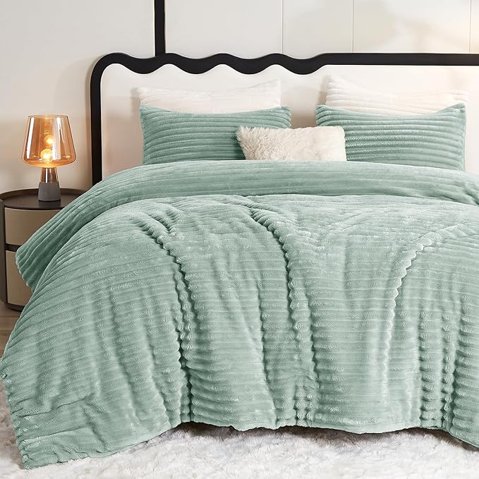 Fluffy Full Size Comforter Sets - Super Soft Faux Fur Cream White Comforter Queen Size